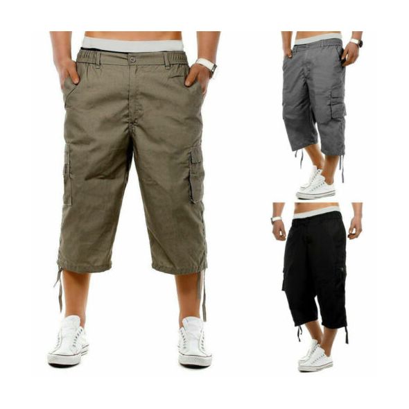 Men's Casual Combat Cargo Shorts 3/4 Sport Pants Beach Elastic Waist Safari Style Trousers US